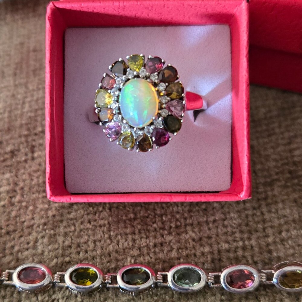 Opal and tourmaline ring/bracelet, 925 silver, size 10